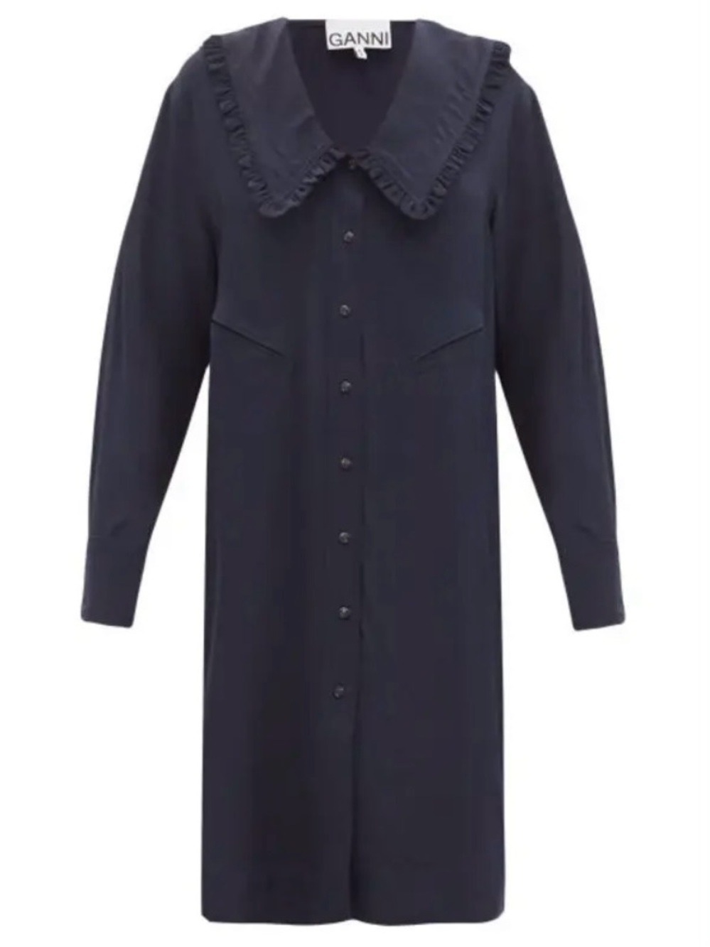 GANNI Navy Ripstop Oversized Shirt Dress L/XL Ruffle Collar